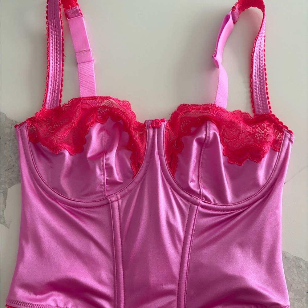 Skims satin lace corset top pink red neon orchid